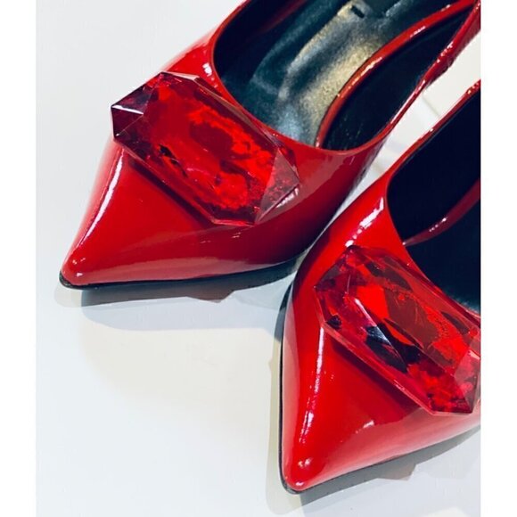 Casadei Red Patent Leather High Heel Pumps sz 36 Faux Rhinestone Gemstone Detail - Picture 14 of 17
